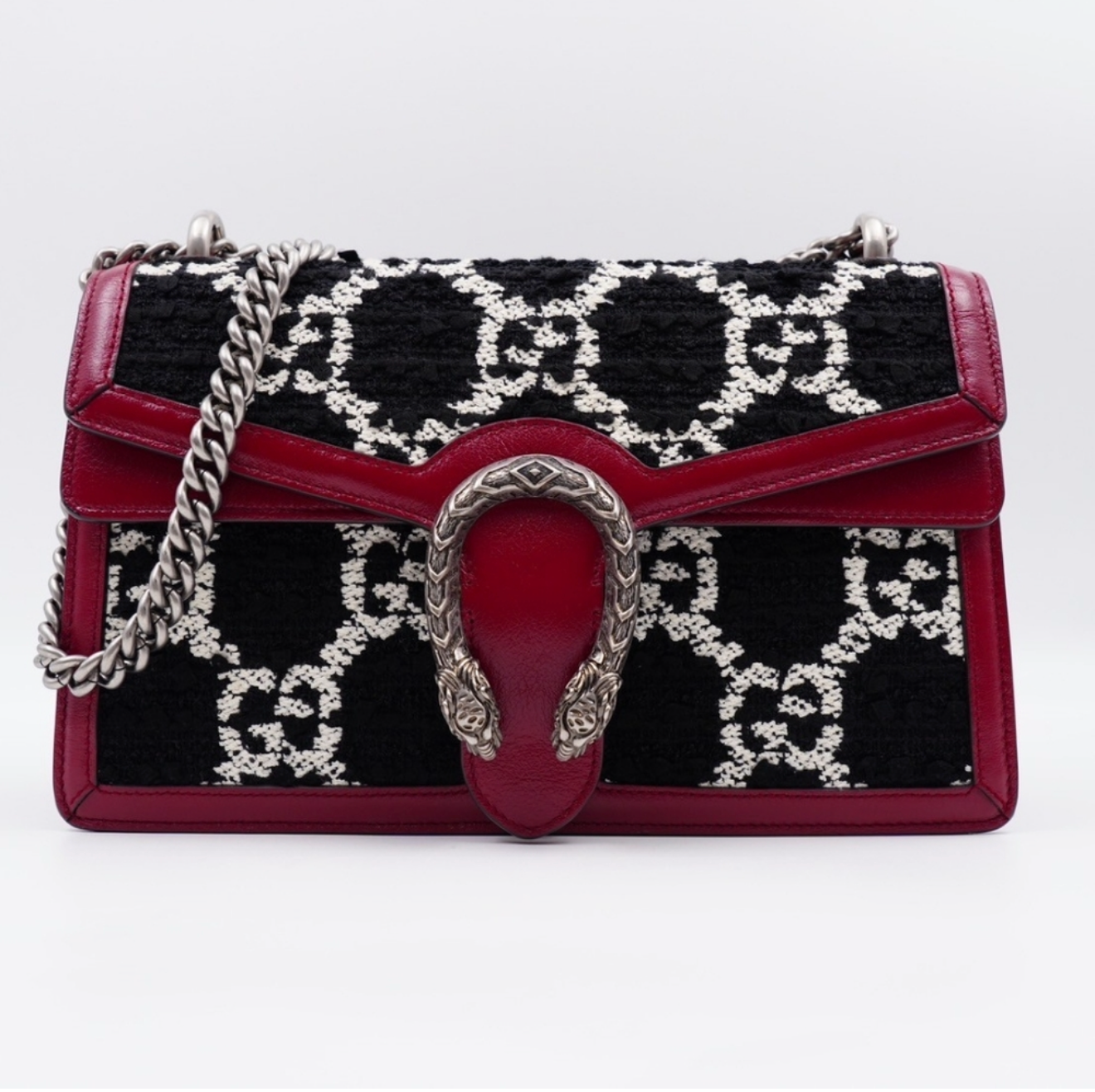 Gucci Dionysus Small Shoulder Bag – GG Tweed & Leather – Black/White/Red
