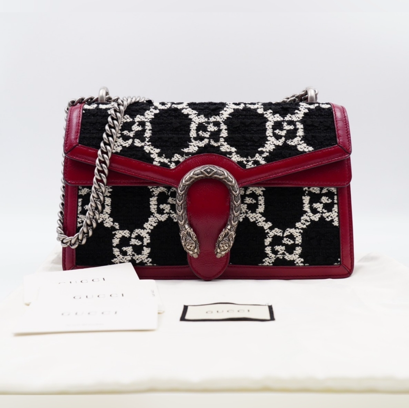 Gucci Dionysus Small Shoulder Bag – GG Tweed & Leather – Black/White/Red