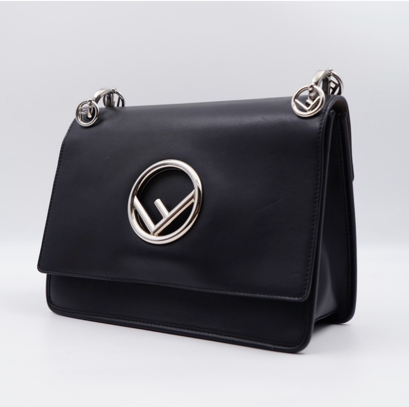 Fendi Kan I F Logo Shoulder Bag – Black Leather, Silver Hardware, Wide Strap