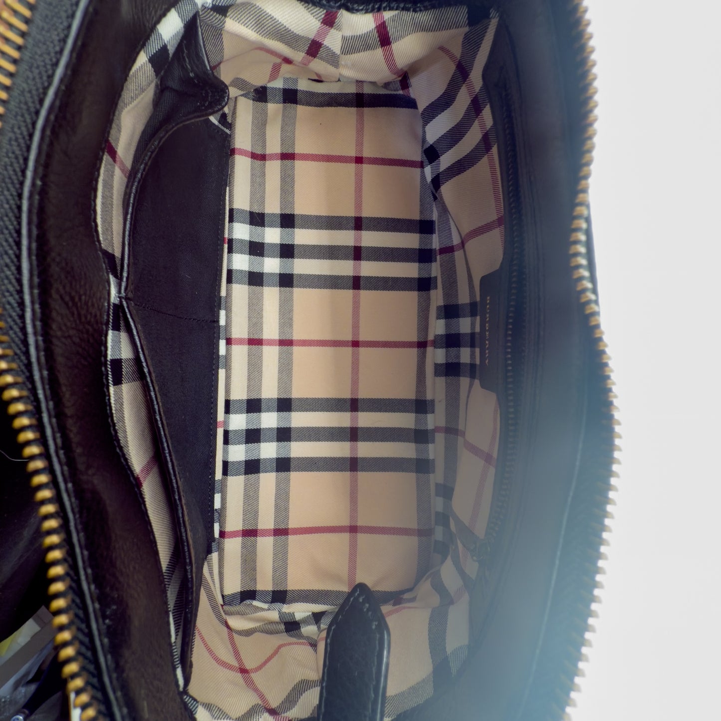 Burberry Black Leather Shoulder Bag – Pebbled Leather – Nova Check Interior