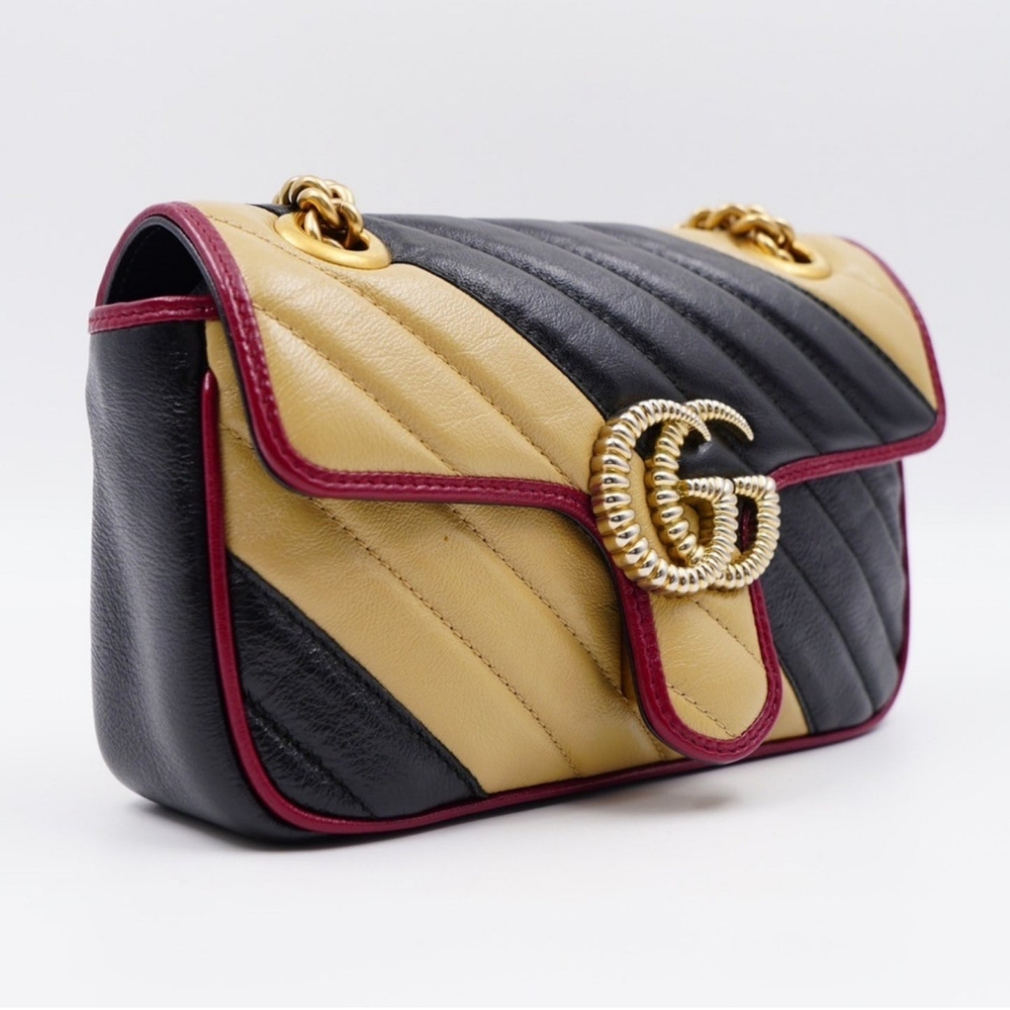 Gucci GG Marmont Mini Torchon – Diagonal Striped Calfskin – Black & Beige