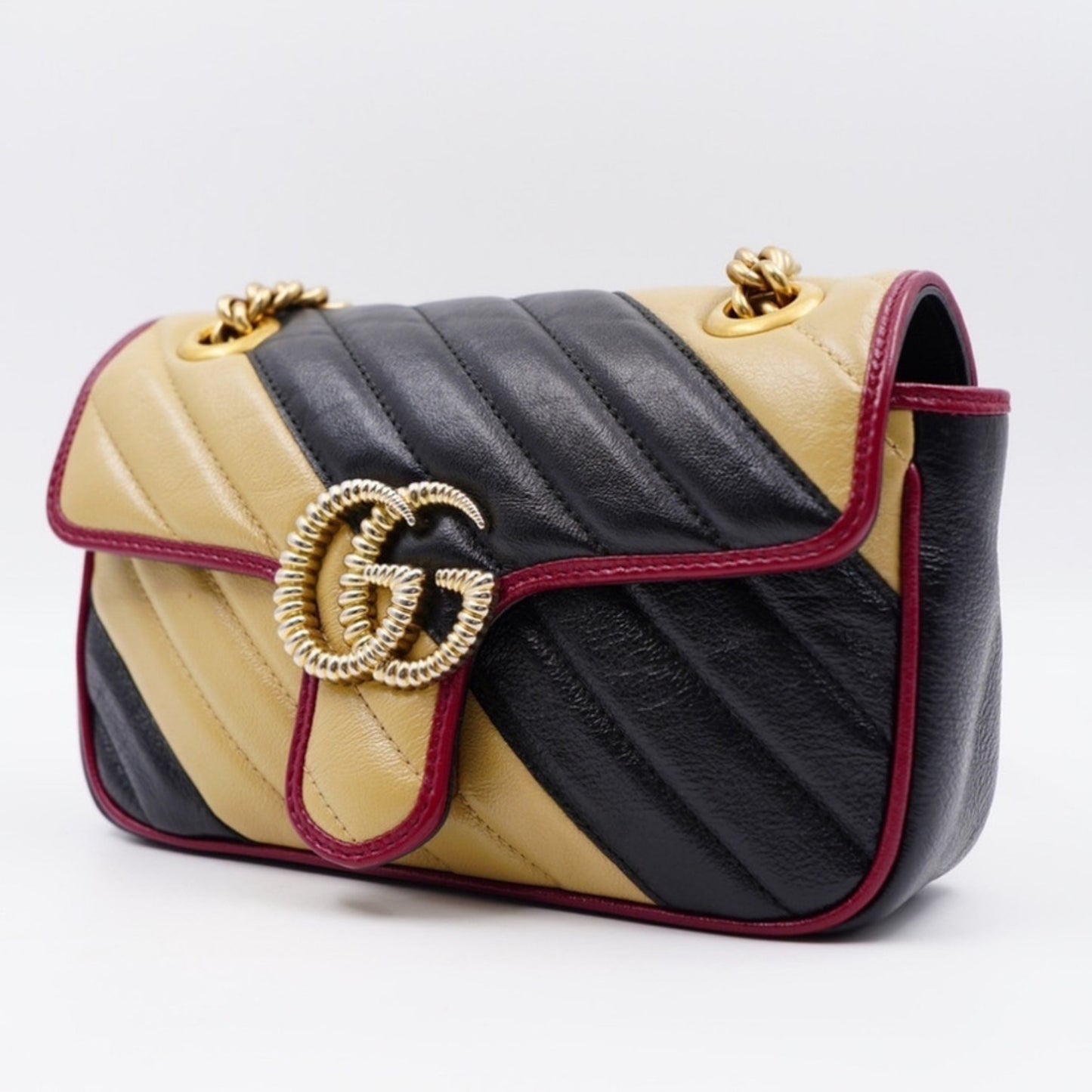 Gucci GG Marmont Mini Torchon – Diagonal Striped Calfskin – Black & Beige