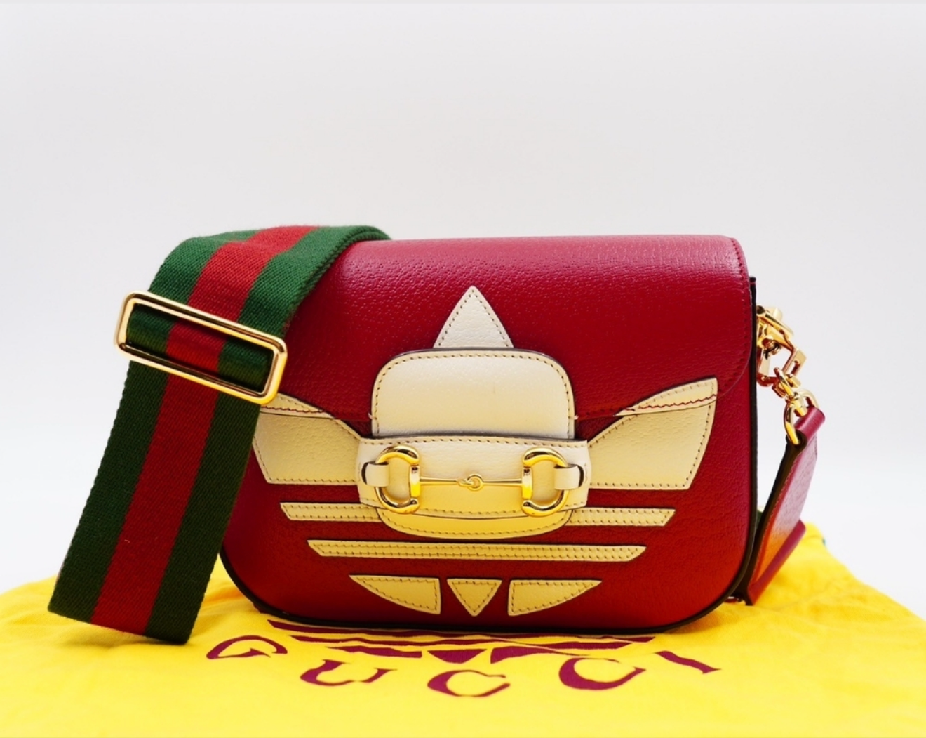 Gucci x Adidas Horsebit 1955 Shoulder Bag – Red Leather, Gold Hardware, Dual Strap