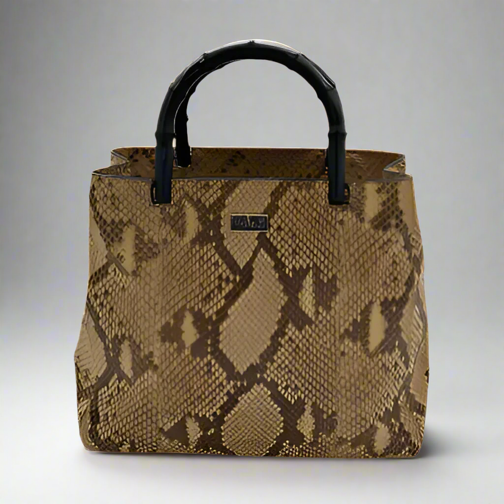 GUCCI Beige & Brown Snakeskin Leather Bamboo Handle Handbag