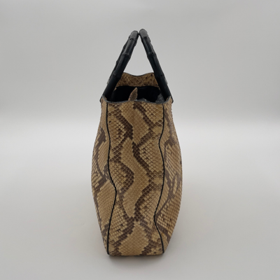 GUCCI Beige & Brown Snakeskin Leather Bamboo Handle Handbag