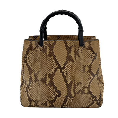 GUCCI Beige & Brown Snakeskin Leather Bamboo Handle Handbag