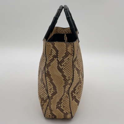 GUCCI Beige & Brown Snakeskin Leather Bamboo Handle Handbag