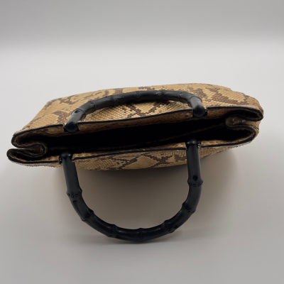 GUCCI Beige & Brown Snakeskin Leather Bamboo Handle Handbag