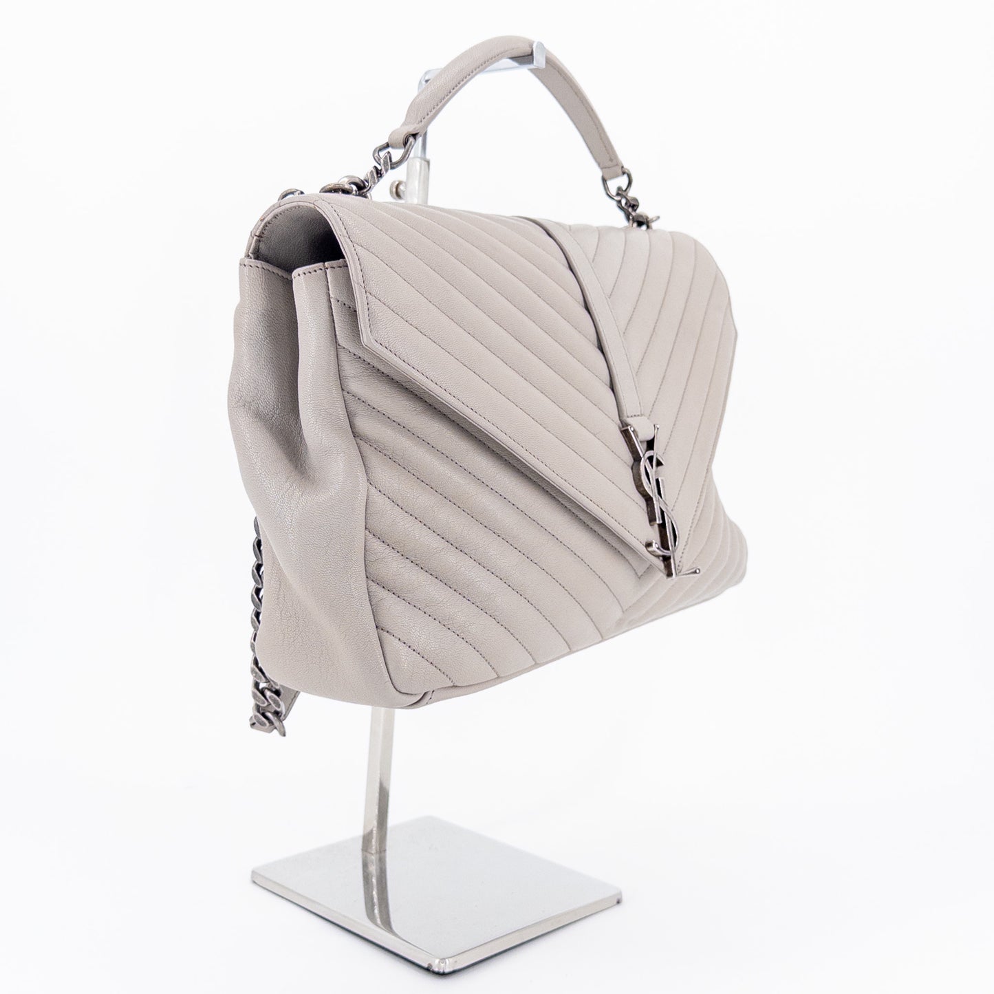 Saint Laurent Monogram Matelassé College Bag – Quilted Leather – Light Grey