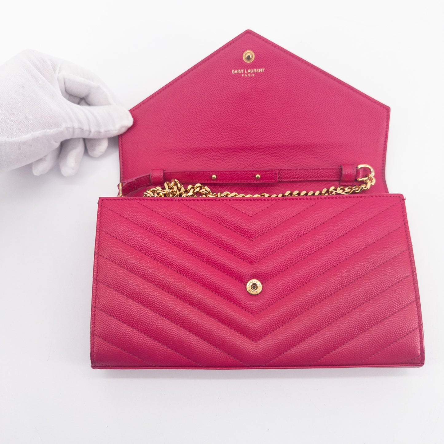 Saint Laurent Wallet on Chain – Grained Leather – Pink
