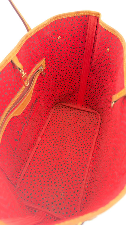 Kusama Neverfull interior top-down view, red dot lining