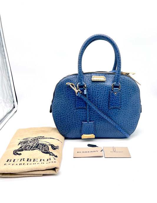 Pre-lovedBurberry Orchard Small Blue Embossed Leather Satchel with Dust Bag and Tags