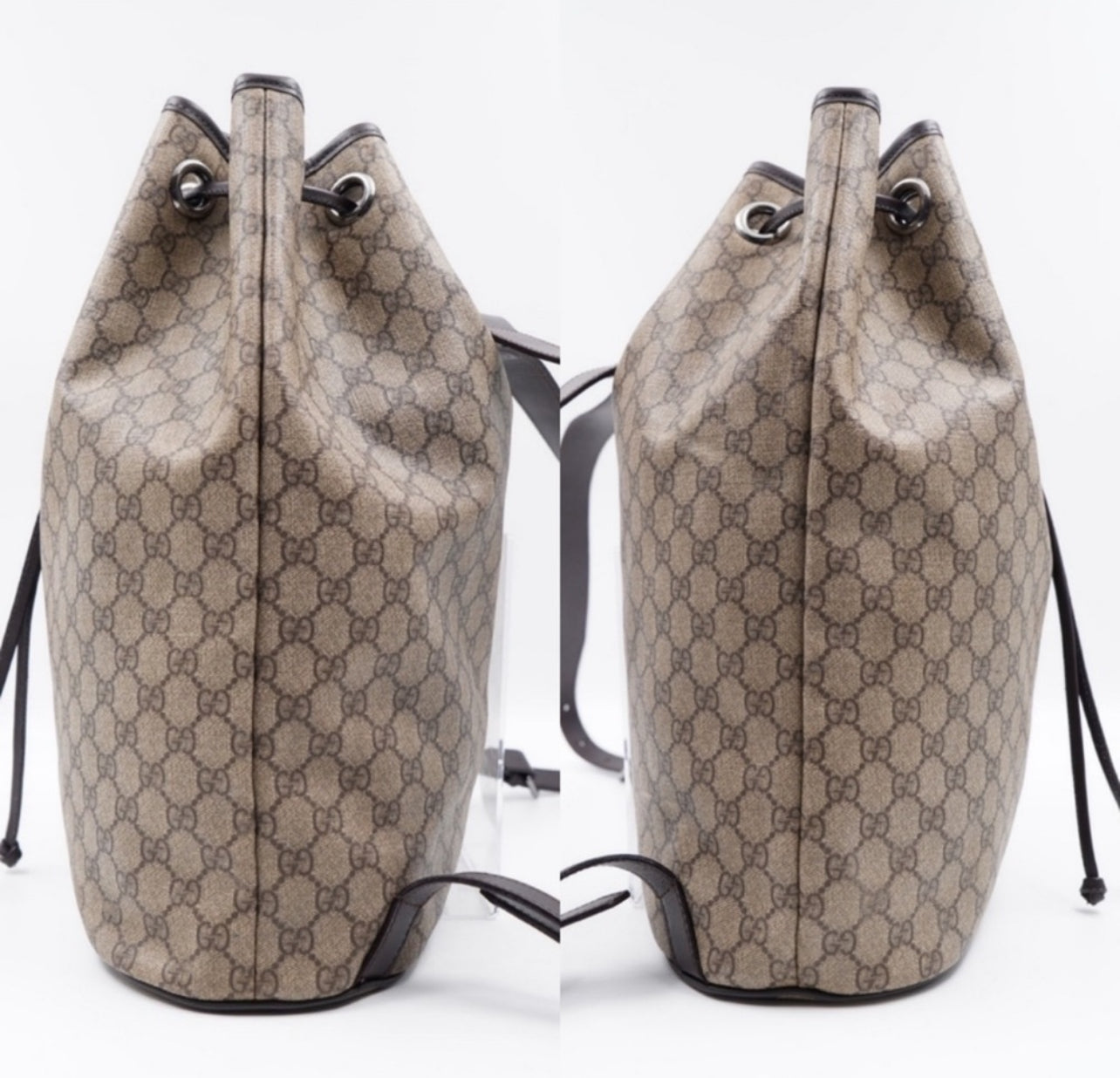 Pre-Loved GUCCI GG Canvas Drawstring Backpack with Silver-Tone Hardware and Leather Trim