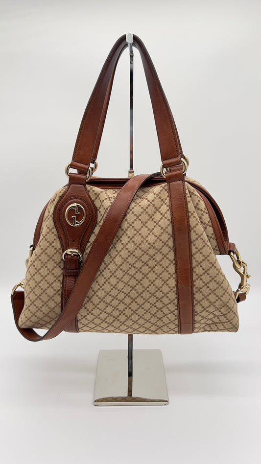 Classic GUCCI Diamante Canvas Village Tote - Pre-Loved with Leather Details & Gold-Tone Hardware