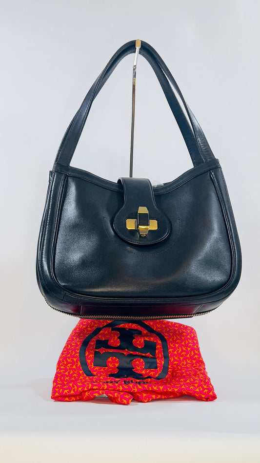 Pre-Owned Tory Burch Serena Black Shoulder Bag | Secure Flap Closure | With Dust Bag