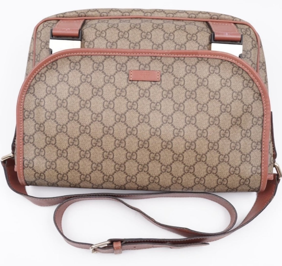 Authentic GUCCI GG Supreme Canvas Messenger Bag - Monogram Double Buckle Flap