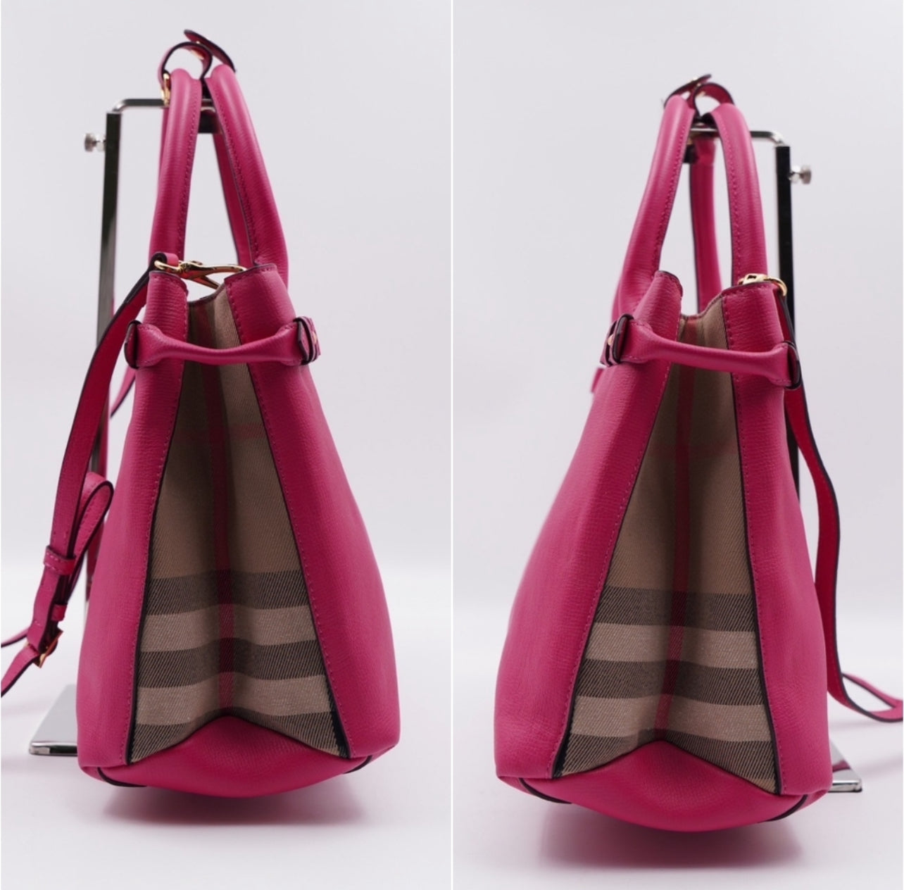 Pre-Owned Burberry Grainy Calfskin House Check Medium Banner Tote in Brilliant Fuchsia