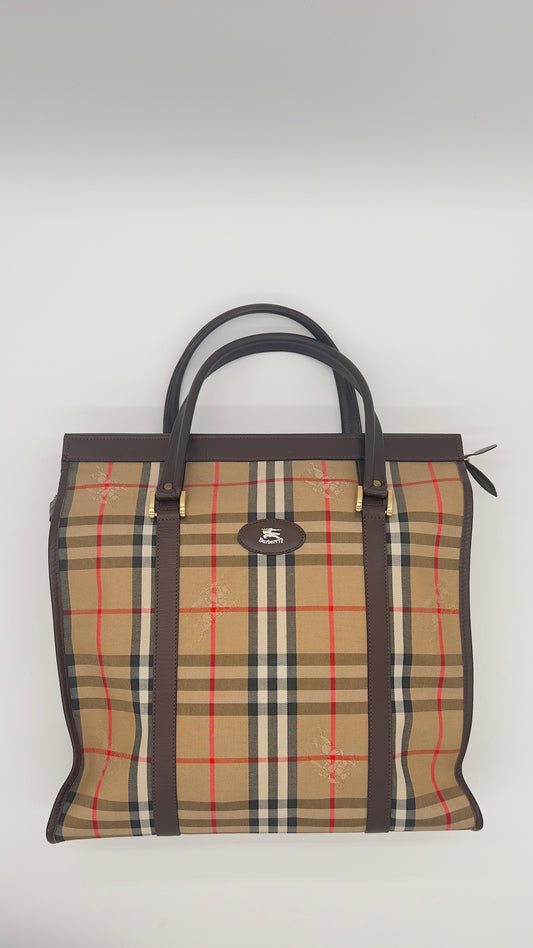Classic Pre-LovedBurberry Horseferry Check Plaid Tote Bag in Brown Canvas with Gold-Tone Hardware