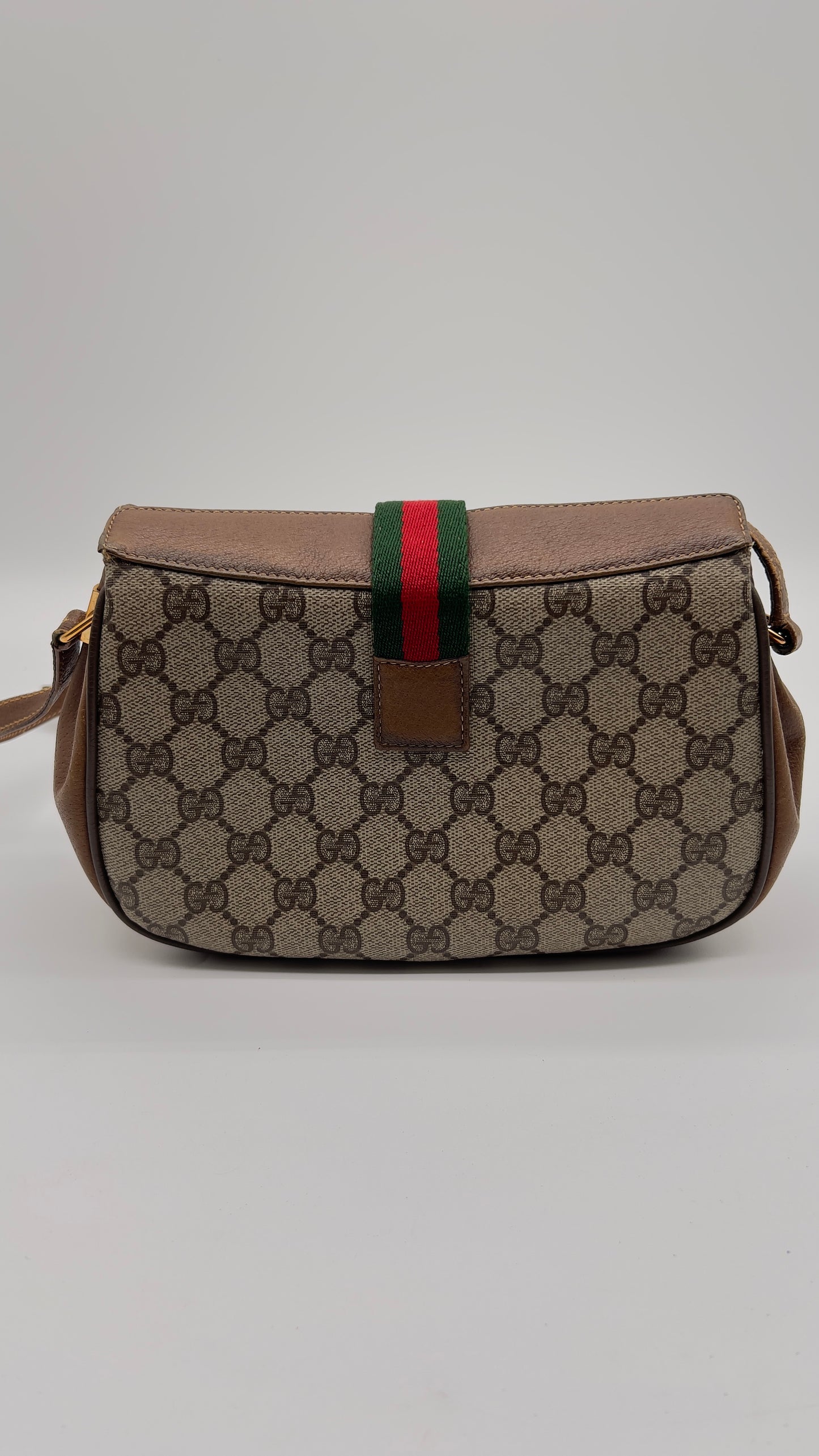 Pre-Loved GUCCI Vintage Sherry Line GG Web Crossbody Bag - Classic Browns PVC Canvas