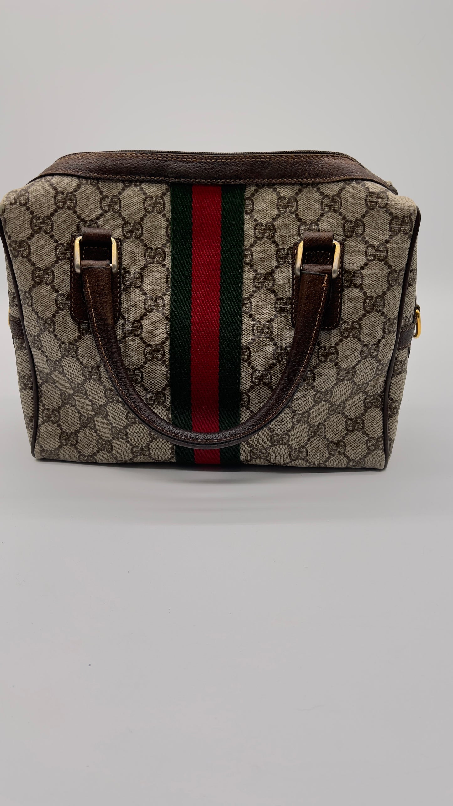 Preloved GUCCI GG Canvas Web Sherry Line Hand Bag in Beige with Red and Green Accents