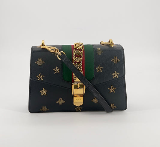 Preloved Gucci Sylvie Shoulder Bag Printed Leather Small – Black Leather with Gold-Tone Hardware