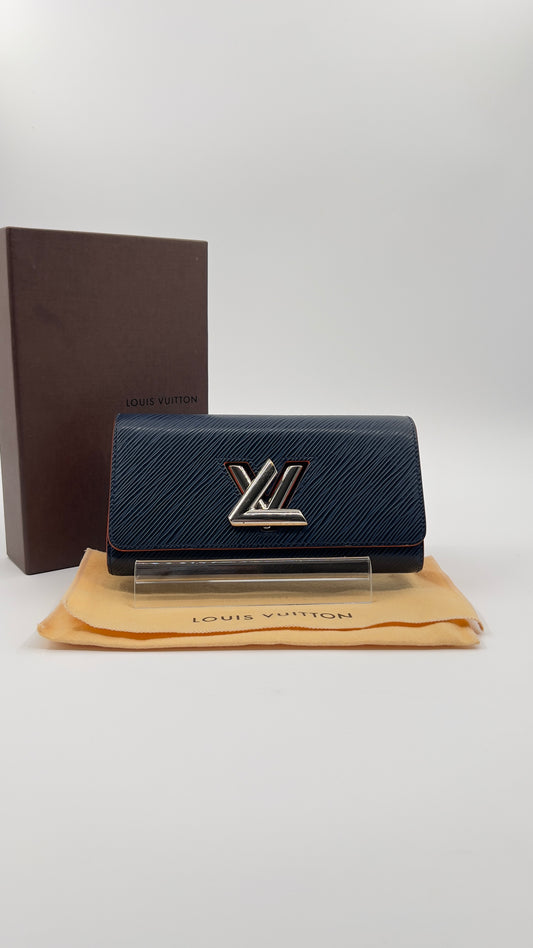 Louis Vuitton Twist Compact Wallet – Navy Epi Leather with Vibrant Orange Interior