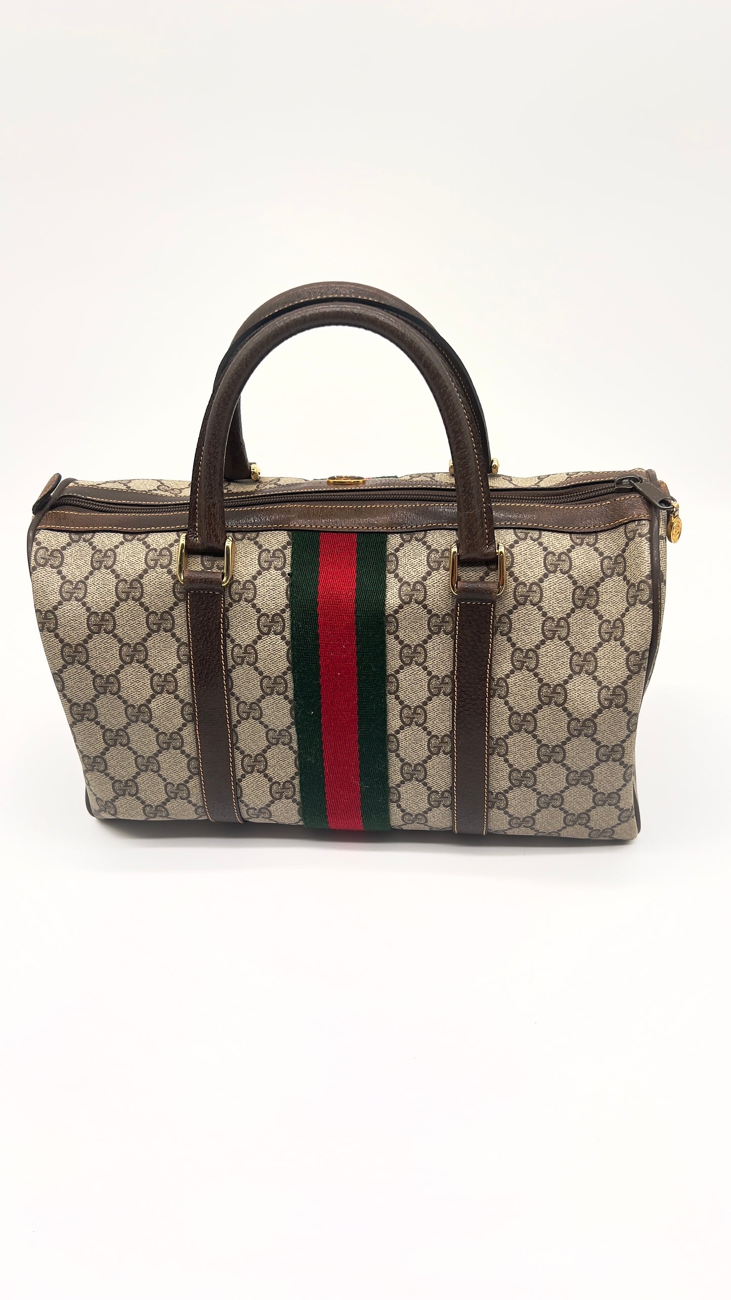 Pre-loved Authentic Gucci Web Sherry Line Hand Boston Bag - Vintage Brown GG PVC Leather