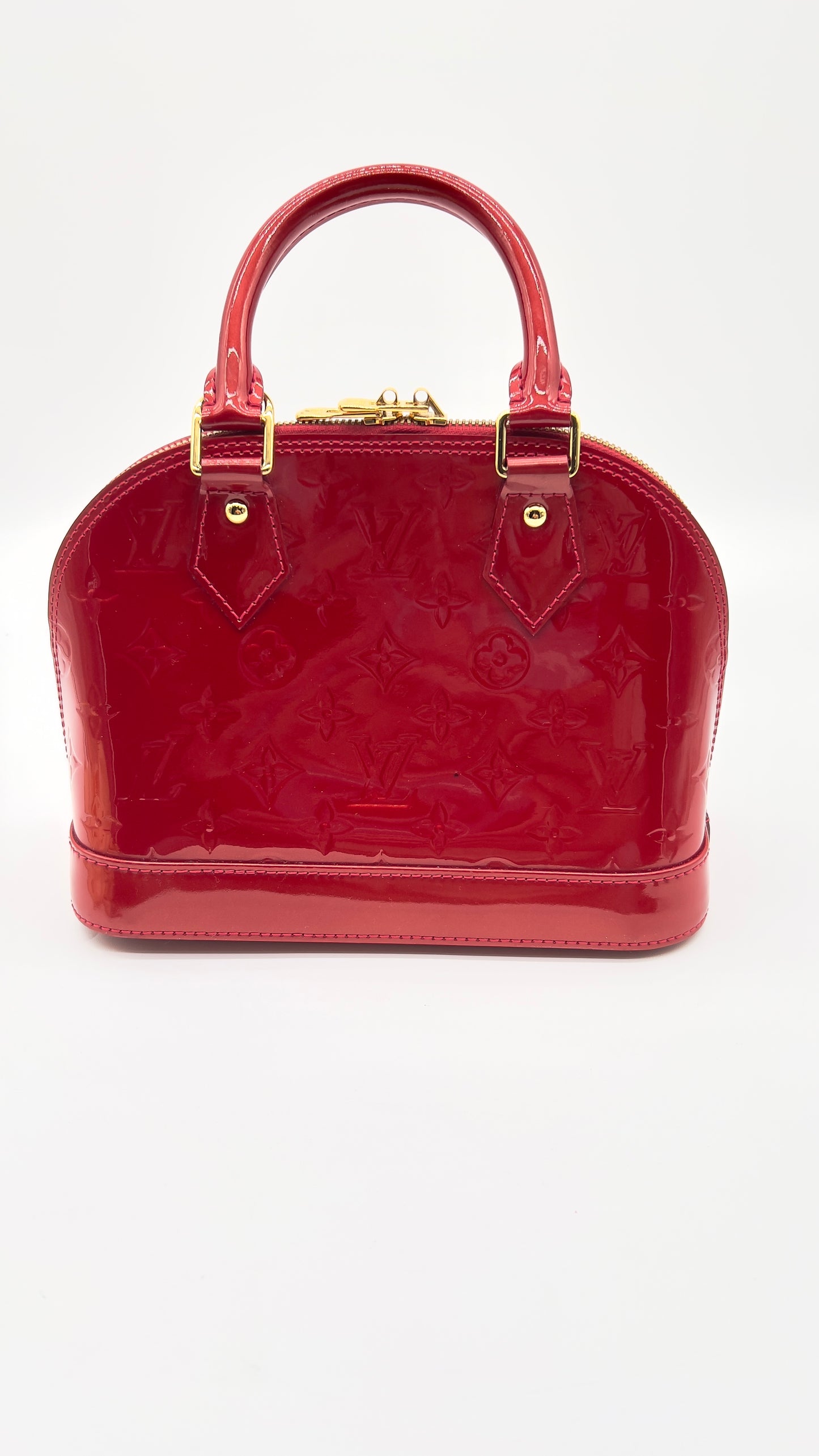 Pre-Owned Louis Vuitton Alma BB in Red Vernis Leather with Strap, Dust Bags Lock, and Keys