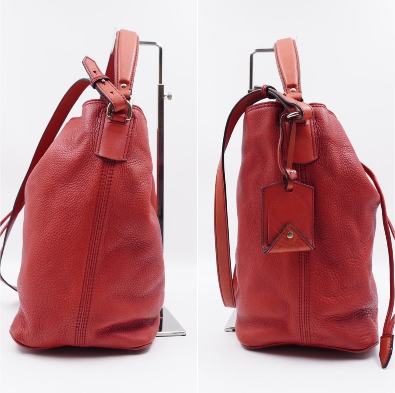 Pre-loved Luxurious Red Burberry Leather Bucket Bag - Elegant Shoulder Carryall