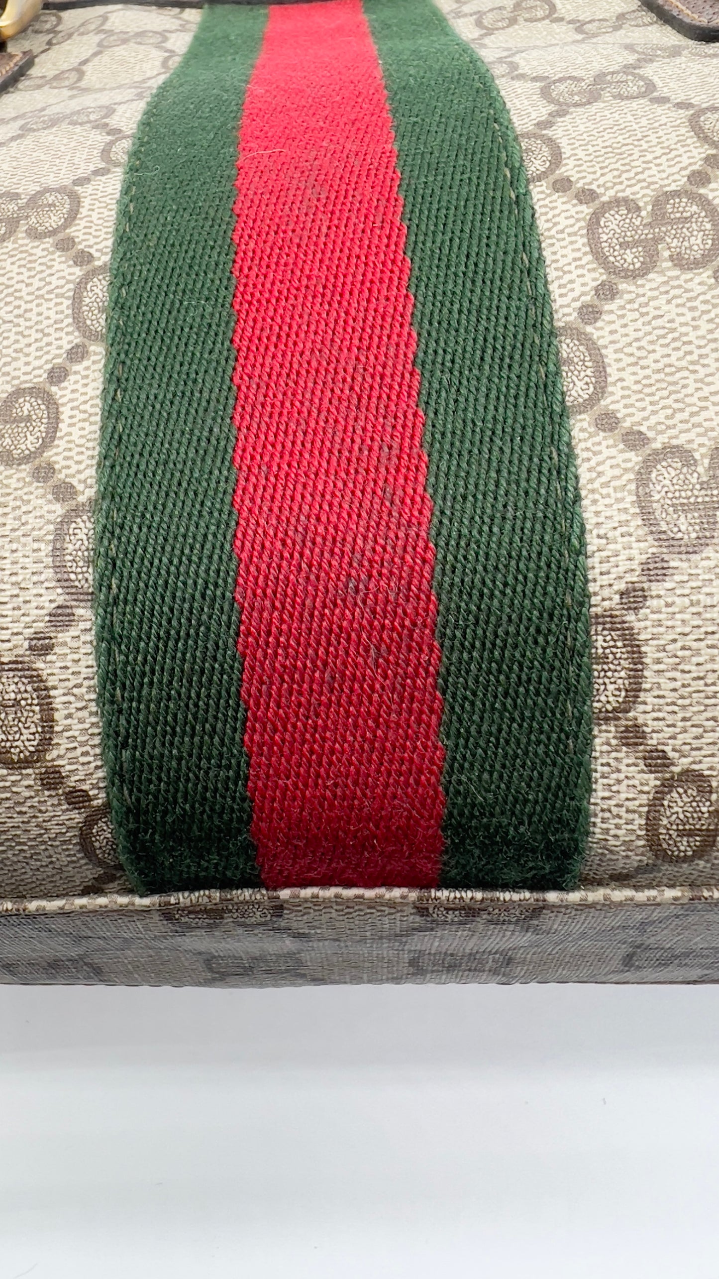 Preloved GUCCI GG Canvas Web Sherry Line Hand Bag in Beige with Red and Green Accents