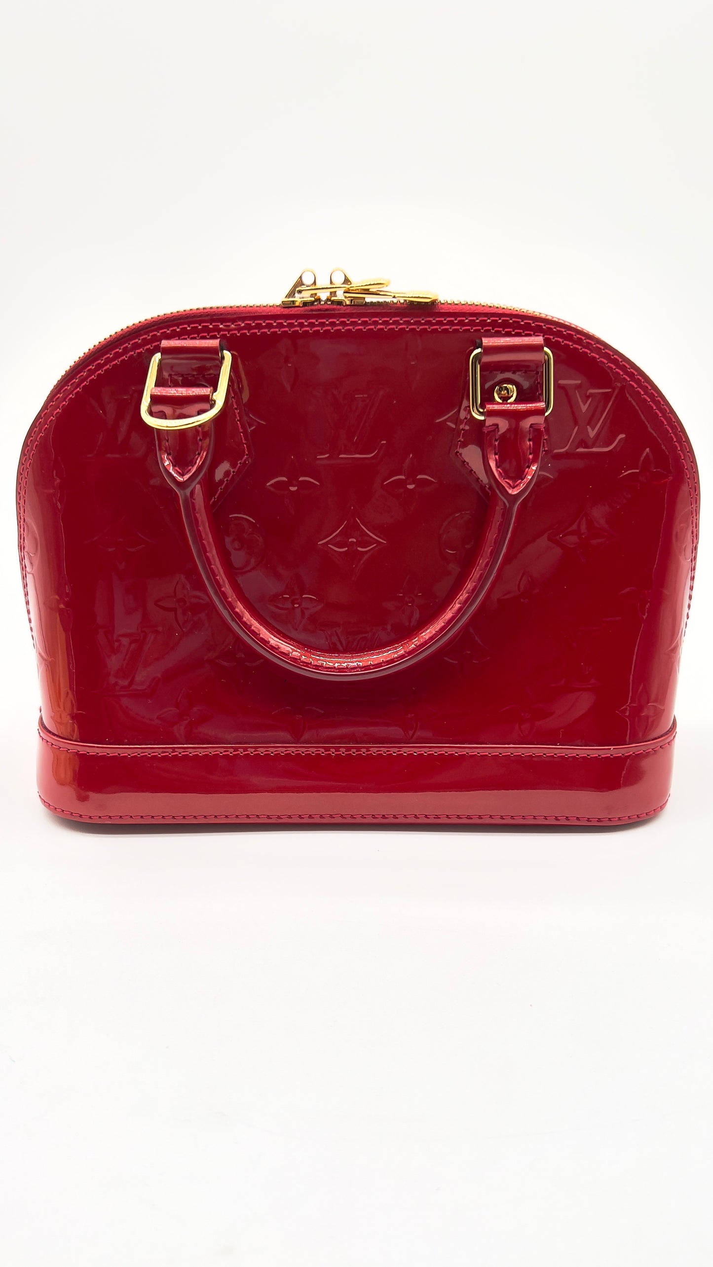 Pre-Owned Louis Vuitton Alma BB in Red Vernis Leather with Strap, Dust Bags Lock, and Keys