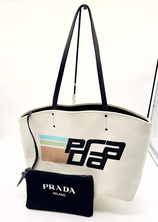 Preloved PRADA Canapa Racing Logo Shopping Tote Bag with Pochette