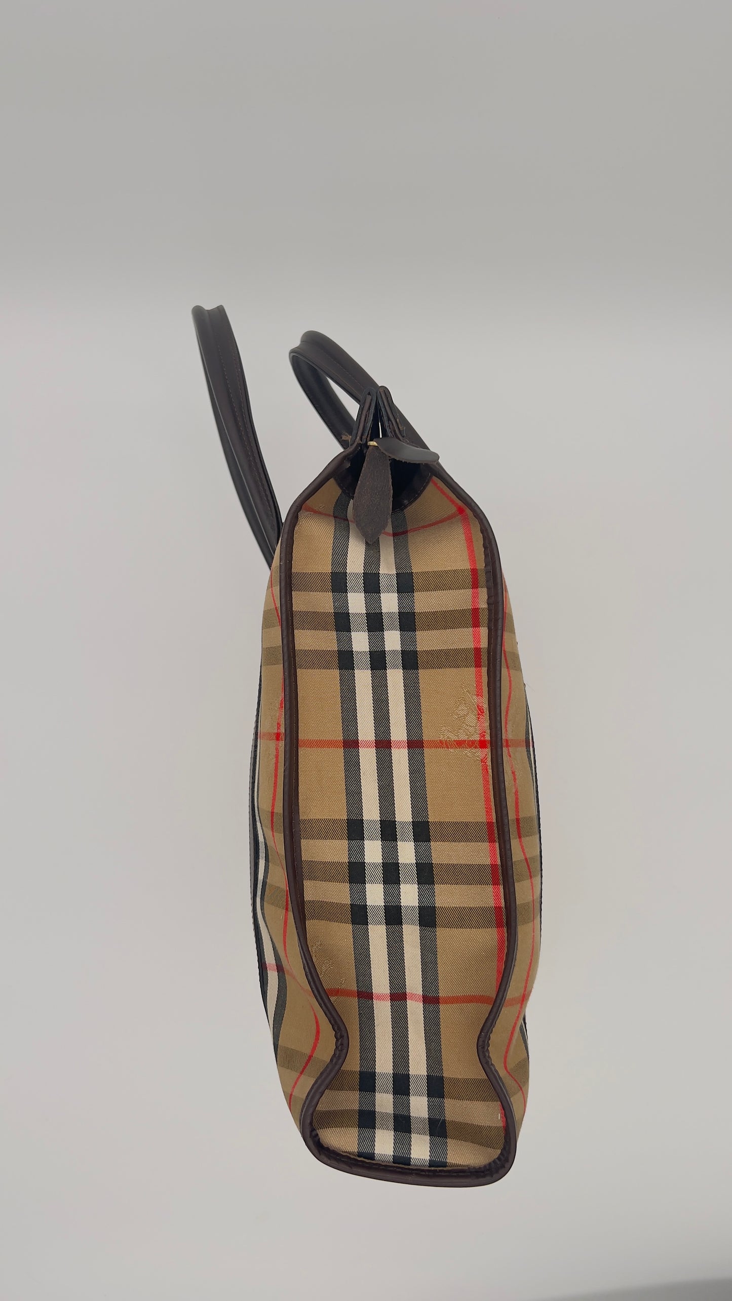 Classic Pre-LovedBurberry Horseferry Check Plaid Tote Bag in Brown Canvas with Gold-Tone Hardware