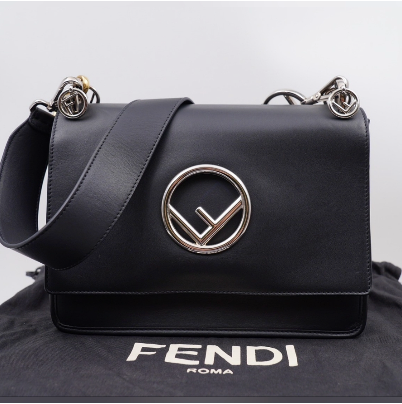 Fendi Kan I F Logo Shoulder Bag – Black Leather, Silver Hardware, Wide Strap