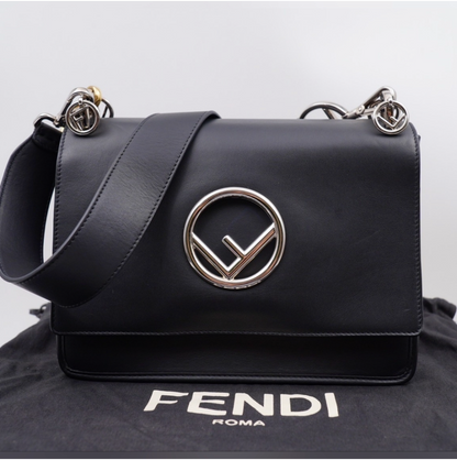 Fendi Kan I F Logo Shoulder Bag – Black Leather, Silver Hardware, Wide Strap