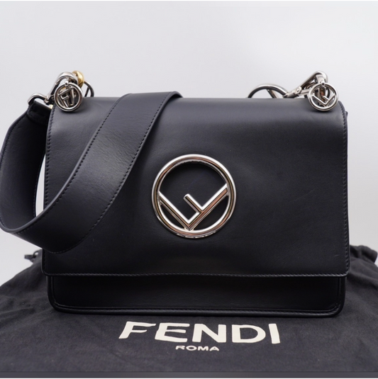 Fendi Kan I F Logo Shoulder Bag – Black Leather, Silver Hardware, Wide Strap