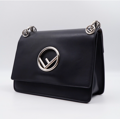 Fendi Kan I F Logo Shoulder Bag – Black Leather, Silver Hardware, Wide Strap