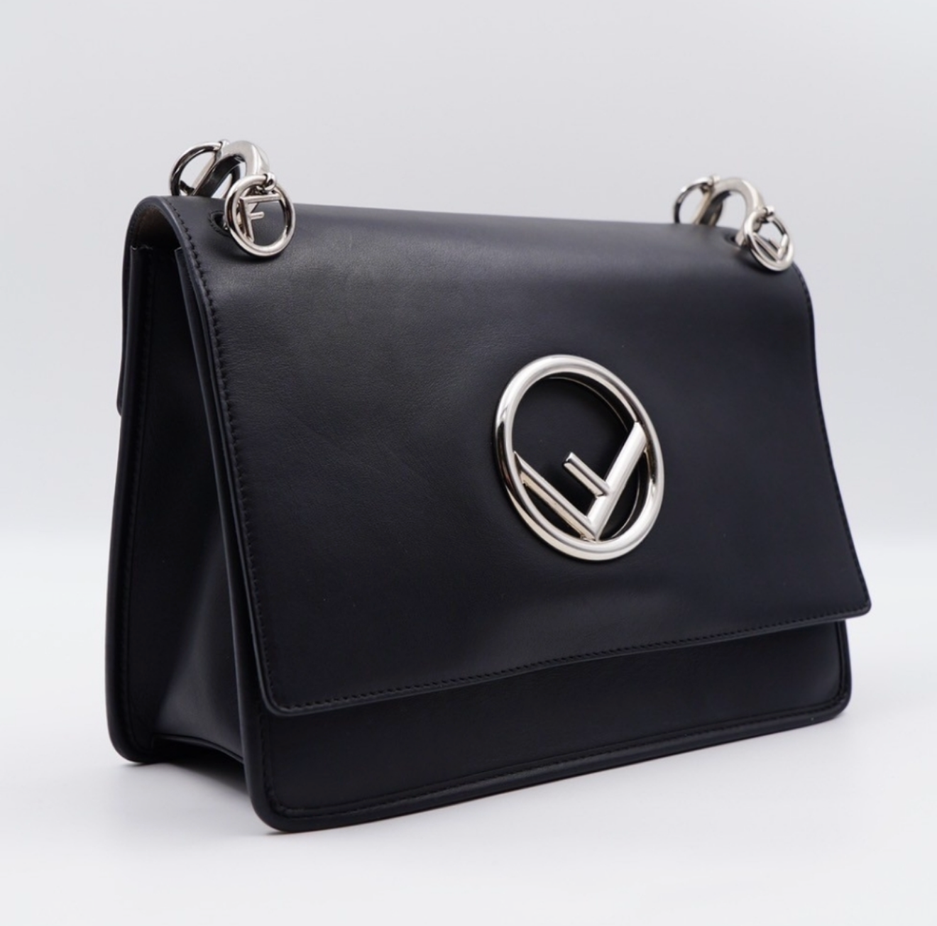 Fendi Kan I F Logo Shoulder Bag – Black Leather, Silver Hardware, Wide Strap