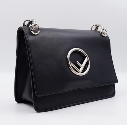 Fendi Kan I F Logo Shoulder Bag – Black Leather, Silver Hardware, Wide Strap