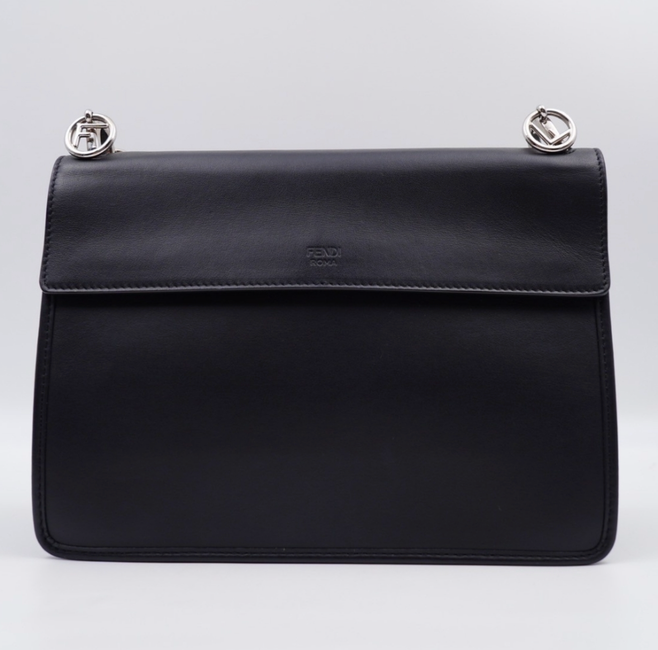 Fendi Kan I F Logo Shoulder Bag – Black Leather, Silver Hardware, Wide Strap
