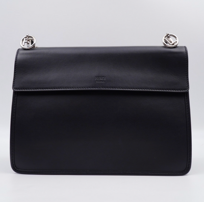Fendi Kan I F Logo Shoulder Bag – Black Leather, Silver Hardware, Wide Strap