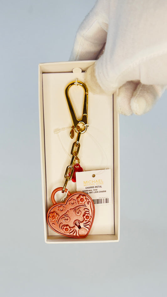New Michael Kors Heart Lock Keychain - Floral Motif Gold-Tone Finish, With Tags