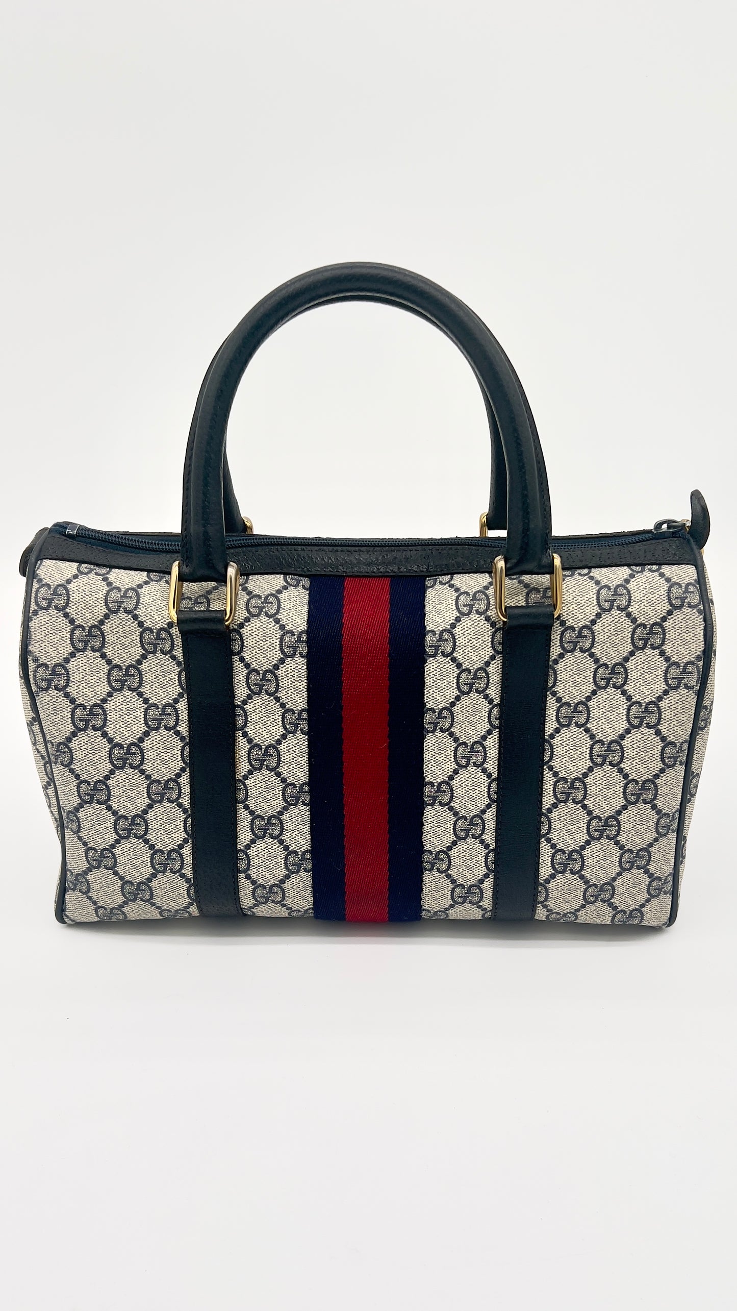 GUCCI Navy Monogram GG Canvas Stripe Satchel - Pre-Loved Vintage Luxury Handbag w/ wallet