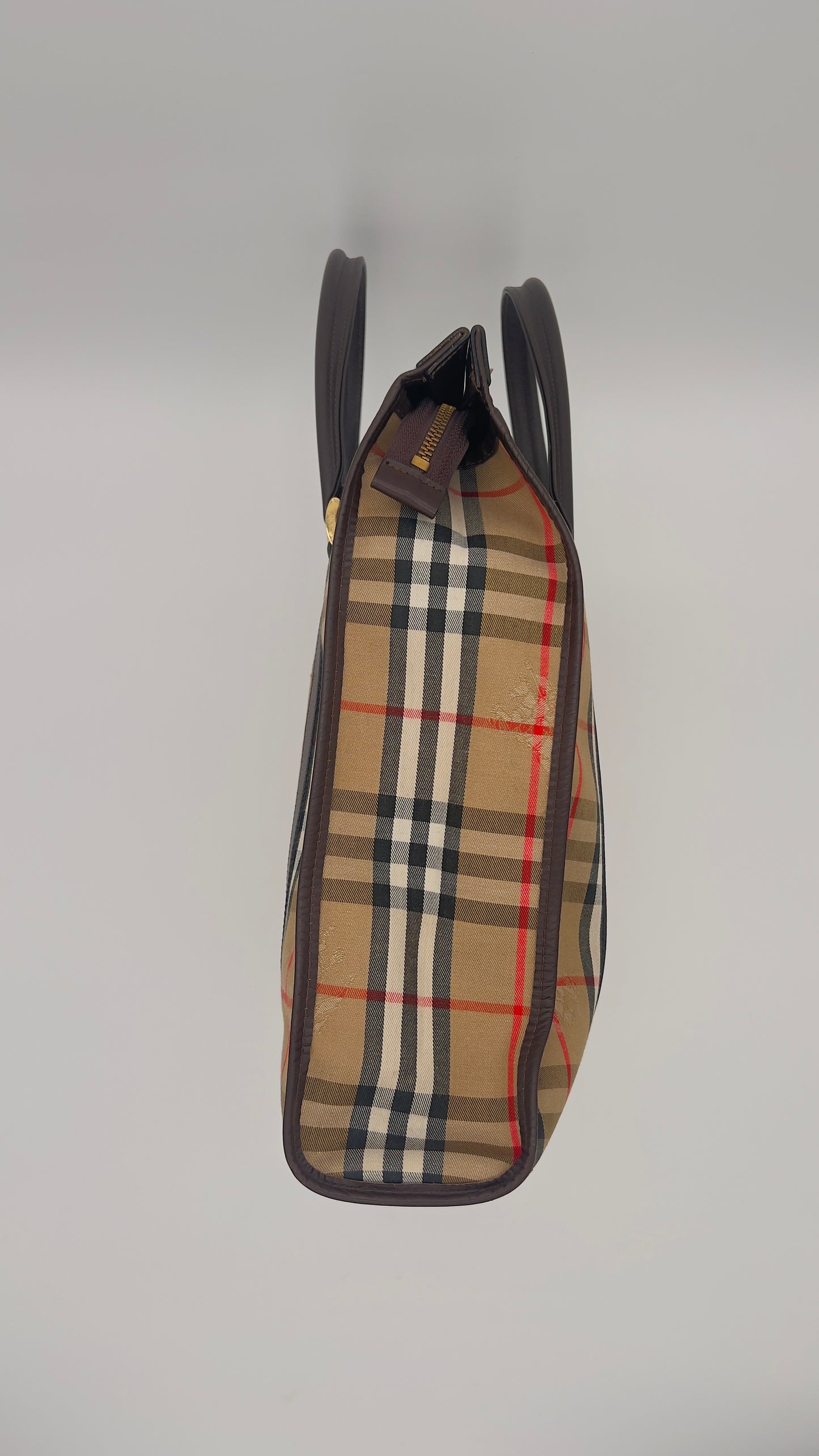 Classic Pre-LovedBurberry Horseferry Check Plaid Tote Bag in Brown Canvas with Gold-Tone Hardware