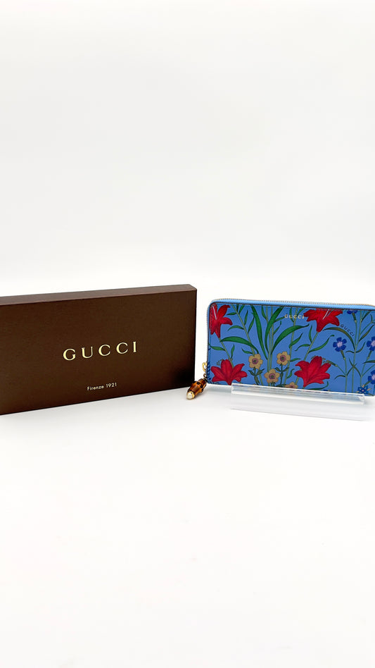 GUCCI Nymphaea Print Bamboo Zip Around Long Wallet in Azure Blue