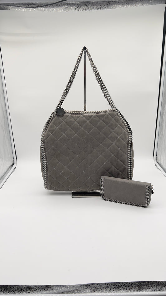 Pre-Loved Luxury Stella McCartney Falabella Grey Quilted Handbag with Silver-Tone Accents and Wallet.
