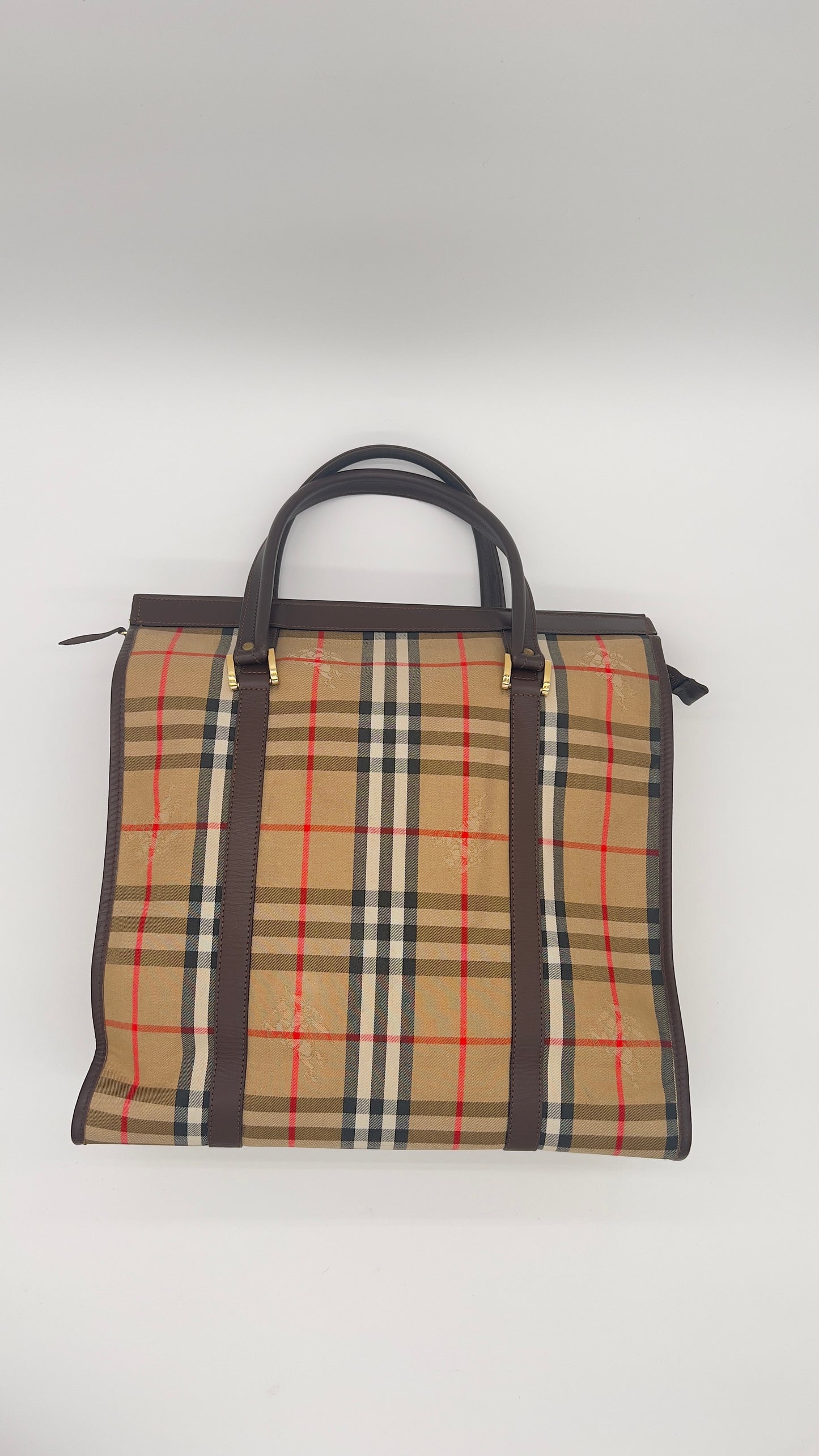 Classic Pre-LovedBurberry Horseferry Check Plaid Tote Bag in Brown Canvas with Gold-Tone Hardware