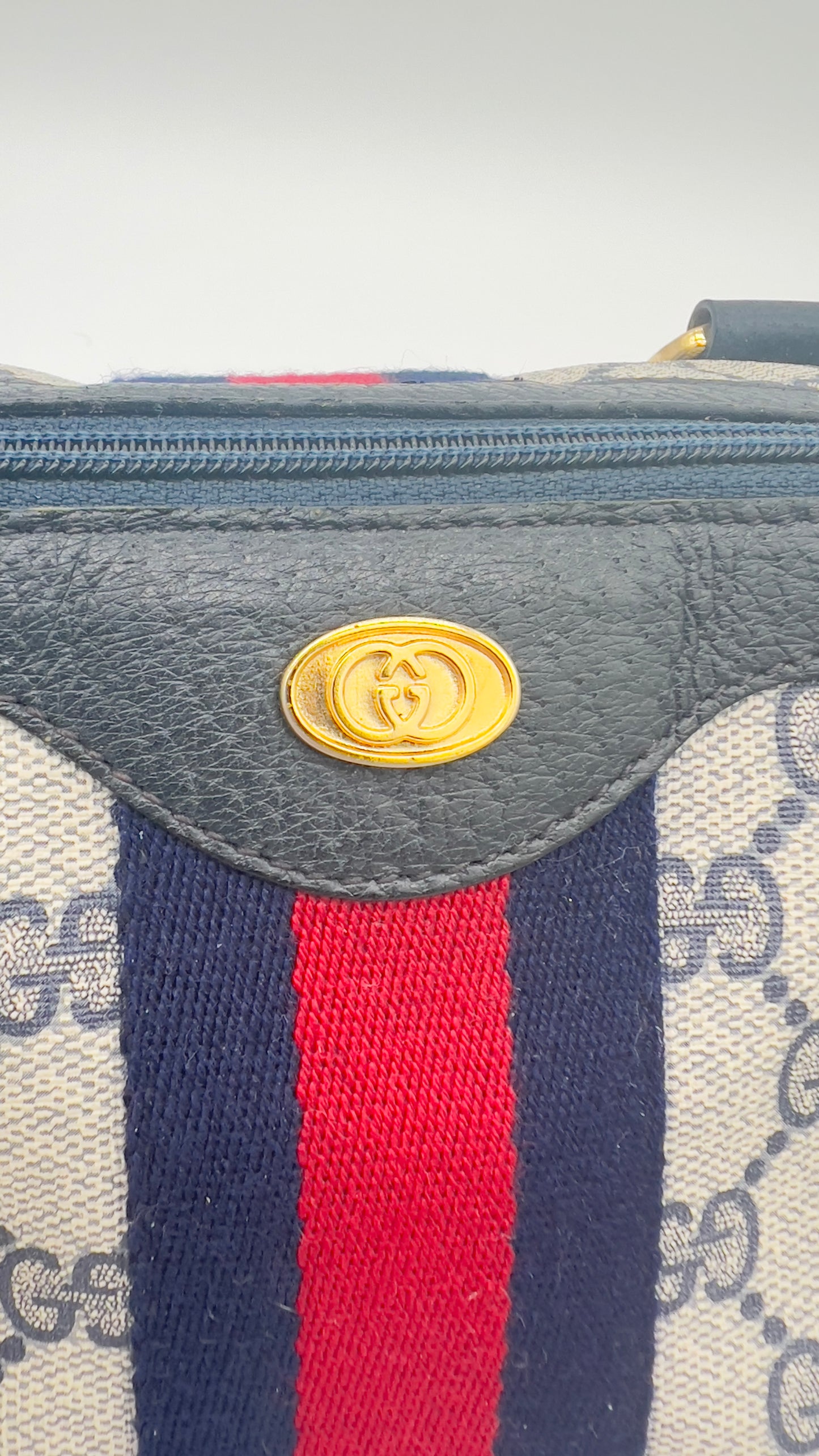 GUCCI Navy Monogram GG Canvas Stripe Satchel - Pre-Loved Vintage Luxury Handbag w/ wallet