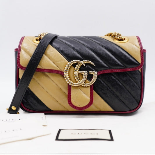 Gucci GG Marmont Mini Torchon – Diagonal Striped Calfskin – Black & Beige