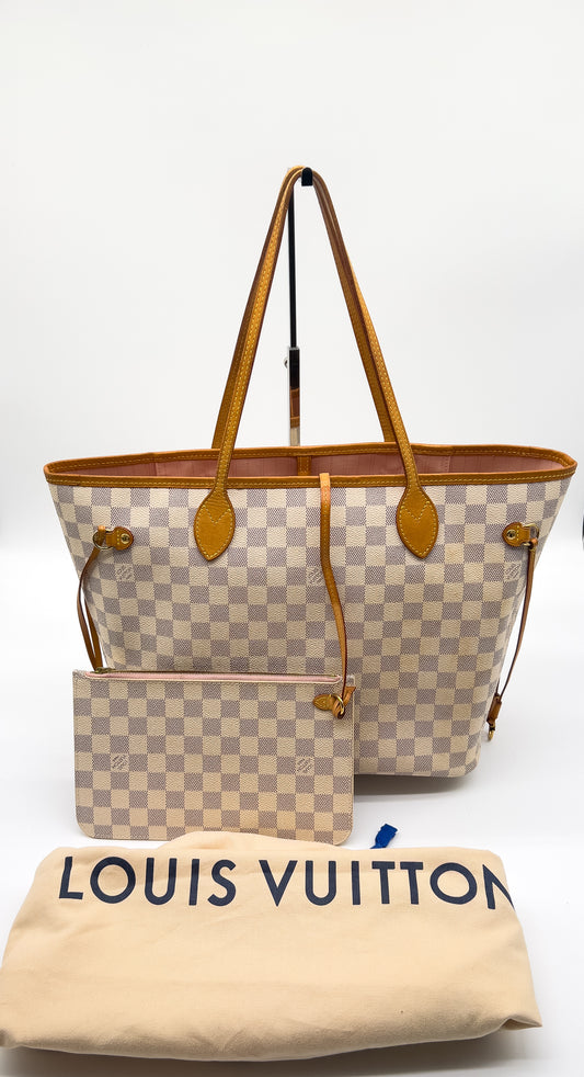 Pre-loved Louis Vuitton Neverfull MM Damier Azur with Dust Bag and Pochette